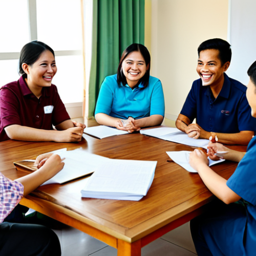 A diverse group of Thai community volunteers, smiling and actively engaged in a lively meeting at a local community center. They are wearing comfortable, modest, everyday attire, fully clothed. Some are discussing ideas around a simple wooden table, while others are organizing materials in the background. The space is bright and welcoming, showcasing a sense of shared purpose and dedication. The atmosphere is collaborative and positive, highlighting the invaluable time and effort contributed. Professional photography, natural lighting, high resolution, perfect anatomy, correct proportions, natural pose, well-formed hands, proper finger count, natural body proportions. Safe for work, appropriate content, fully clothed, modest, family-friendly.