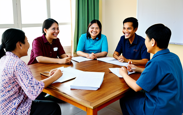 A diverse group of Thai community volunteers, smiling and actively engaged in a lively meeting at a local community center. They are wearing comfortable, modest, everyday attire, fully clothed. Some are discussing ideas around a simple wooden table, while others are organizing materials in the background. The space is bright and welcoming, showcasing a sense of shared purpose and dedication. The atmosphere is collaborative and positive, highlighting the invaluable time and effort contributed. Professional photography, natural lighting, high resolution, perfect anatomy, correct proportions, natural pose, well-formed hands, proper finger count, natural body proportions. Safe for work, appropriate content, fully clothed, modest, family-friendly.