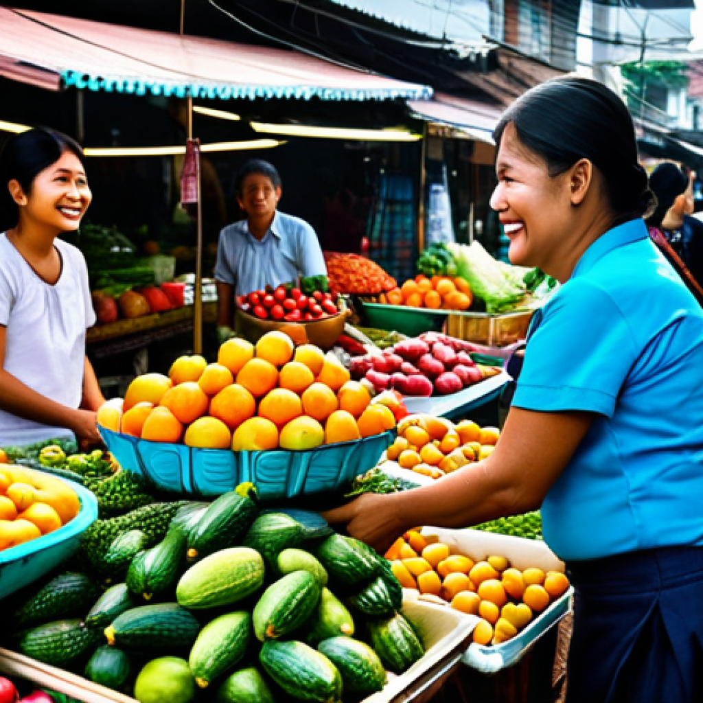 **
A vibrant Thai street market scene, overflowing with colorful fruits, vegetables, and flowers. A friendly vendor in traditional Thai clothing is smiling and chatting with a customer. The focus is on the warmth and connection between people. fully clothed, appropriate attire, safe for work, perfect anatomy, natural proportions, professional photography, high quality.
**