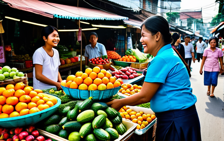 **
A vibrant Thai street market scene, overflowing with colorful fruits, vegetables, and flowers. A friendly vendor in traditional Thai clothing is smiling and chatting with a customer. The focus is on the warmth and connection between people. fully clothed, appropriate attire, safe for work, perfect anatomy, natural proportions, professional photography, high quality.
**