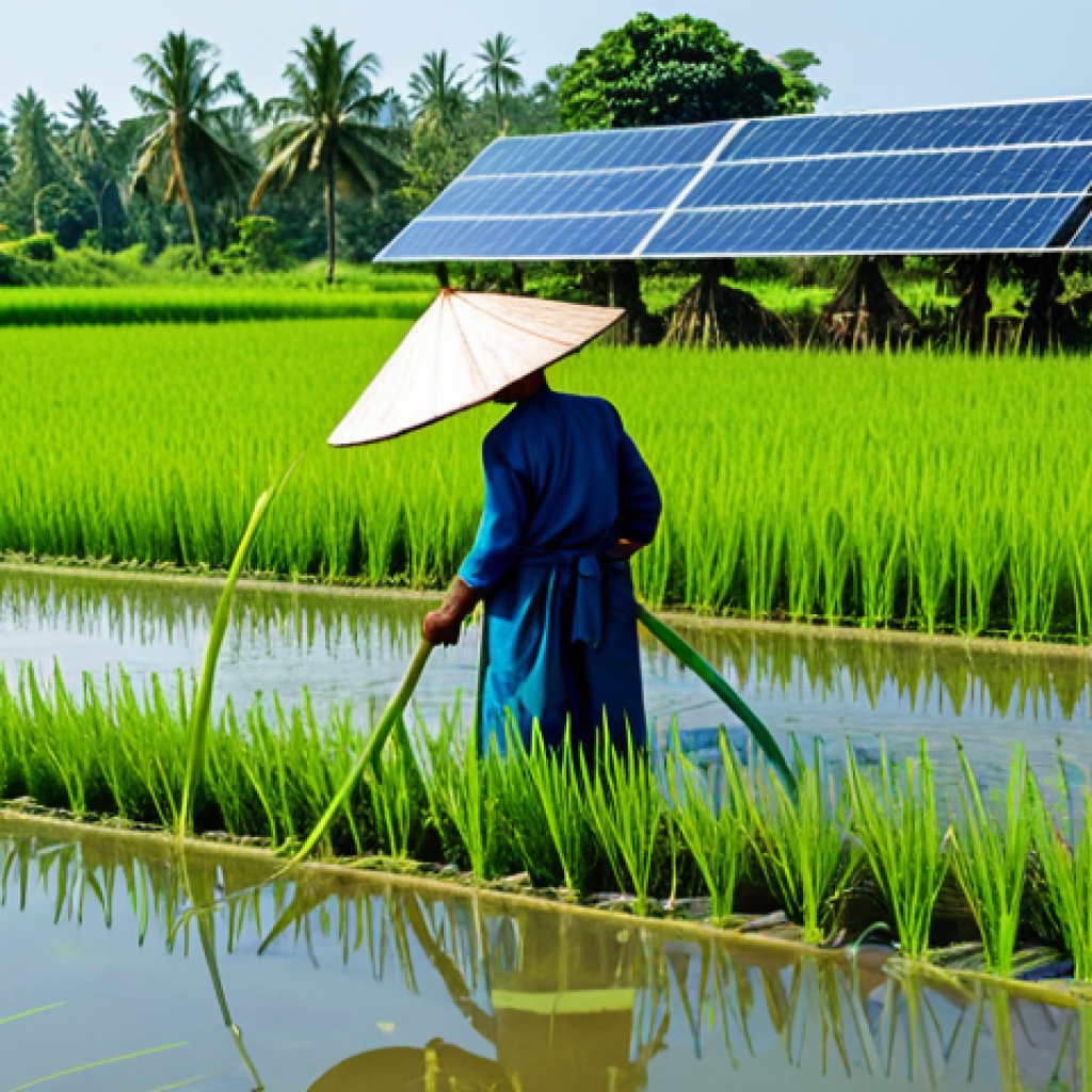 Sustainable Farming in Thailand**
"A lush green rice paddy in rural Thailand, showcasing sustainable farming practices. Farmers in traditional clothing tending to the crops. Solar panels powering a small irrigation system in the background. Clear blue sky. safe for work, appropriate content, fully clothed, professional photography, high quality, perfect anatomy, natural proportions, modest dress, family-friendly"
**
