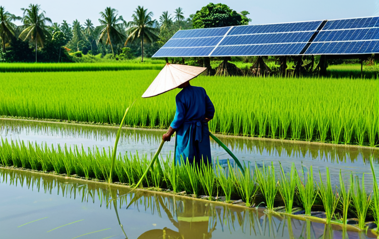Sustainable Farming in Thailand**
"A lush green rice paddy in rural Thailand, showcasing sustainable farming practices. Farmers in traditional clothing tending to the crops. Solar panels powering a small irrigation system in the background. Clear blue sky. safe for work, appropriate content, fully clothed, professional photography, high quality, perfect anatomy, natural proportions, modest dress, family-friendly"
**