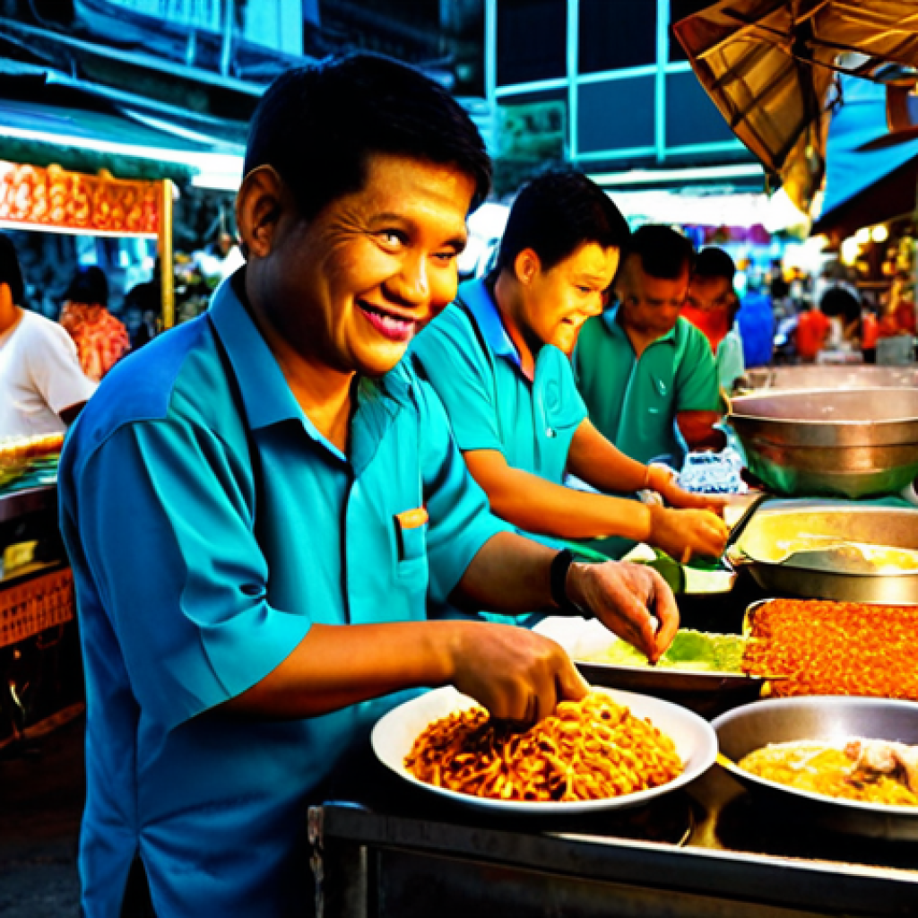 **
A bustling street food market in Bangkok at dusk. Vendors are preparing food at their stalls, with vibrant lights illuminating the scene. Focus on the details of the food, the smiling faces of the vendors, and the lively atmosphere. Capture the essence of Thai street food culture. Fully clothed people in appropriate attire, safe for work, perfect anatomy, natural proportions, professional photography, high quality.
**