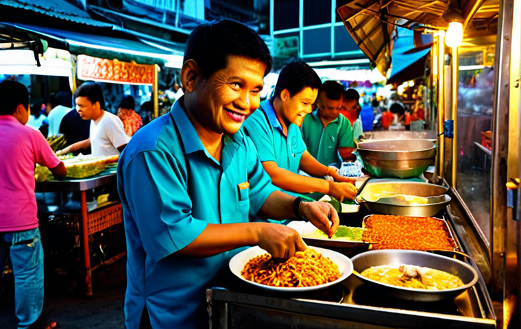**

A bustling street food market in Bangkok at dusk. Vendors are preparing food at their stalls, with vibrant lights illuminating the scene. Focus on the details of the food, the smiling faces of the vendors, and the lively atmosphere. Capture the essence of Thai street food culture. Fully clothed people in appropriate attire, safe for work, perfect anatomy, natural proportions, professional photography, high quality.

**