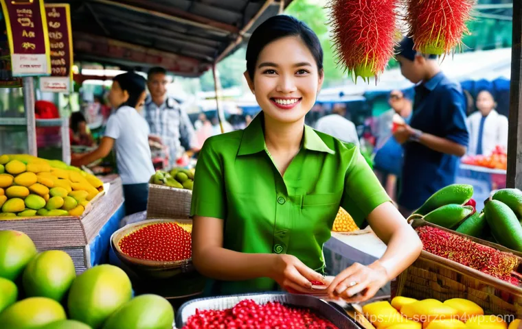 커뮤니티 기반 서비스의 경제적 효과 - **Vibrant Thai Local Market Scene:**
    A bustling outdoor "Talad Nad" (local market) in a charming...