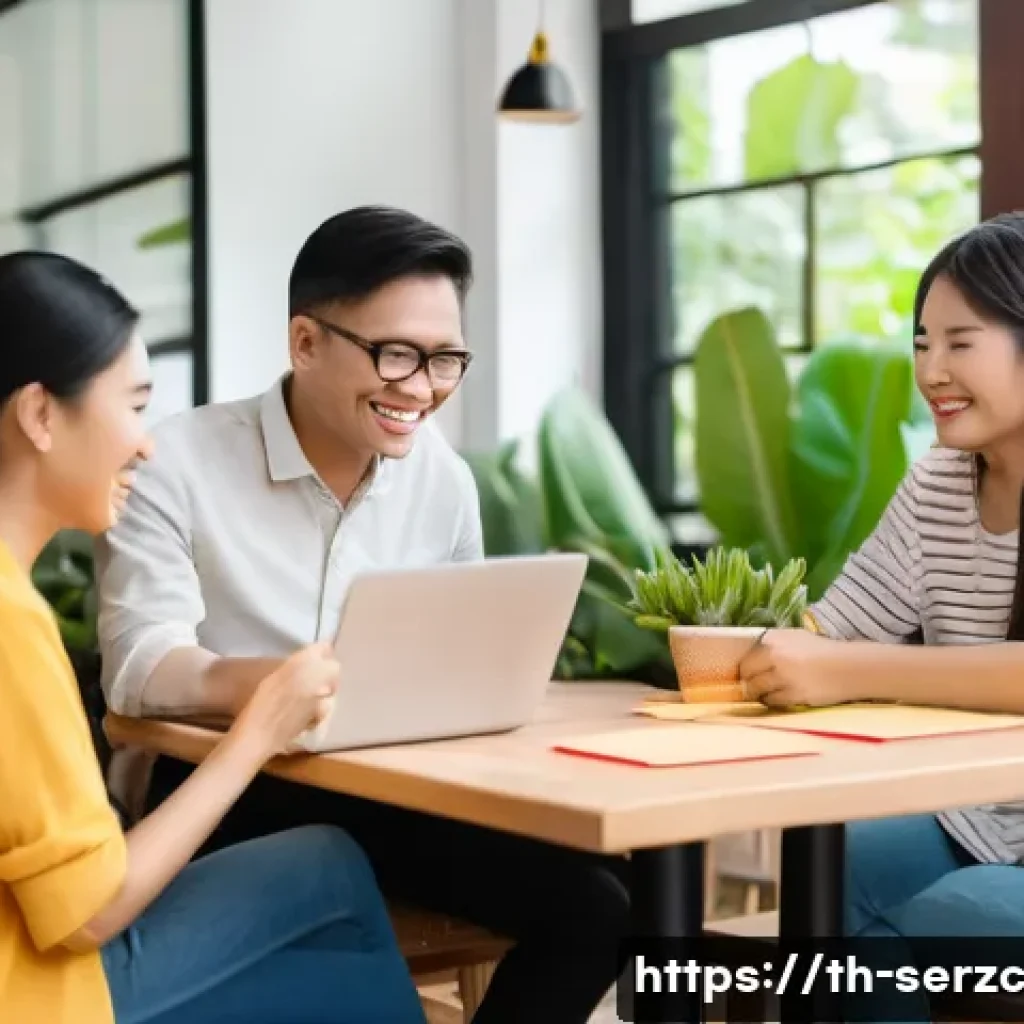 커뮤니티 관리에서의 인간관계의 중요성 - A warm and friendly online community gathering scene set in a cozy, modern Thai-style café with soft...
