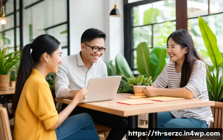 커뮤니티 관리에서의 인간관계의 중요성 - A warm and friendly online community gathering scene set in a cozy, modern Thai-style café with soft...