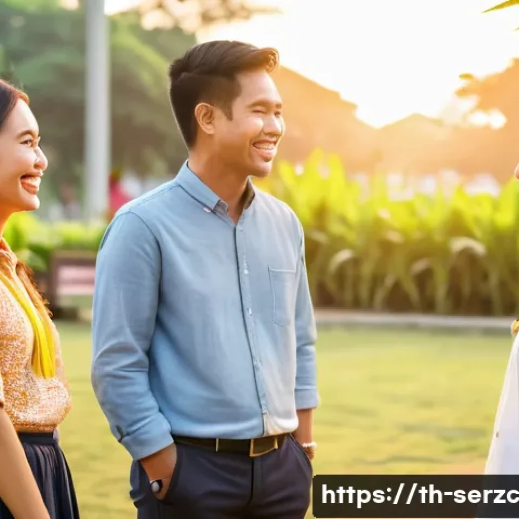 커뮤니티 활성화를 위한 다양한 방법론 - A warm and friendly community gathering in a modern Thai neighborhood park during sunset, diverse gr...