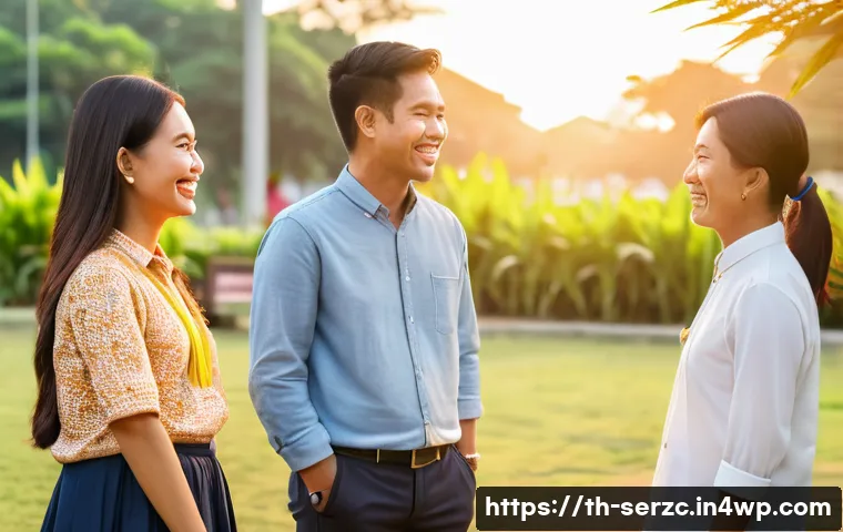 커뮤니티 활성화를 위한 다양한 방법론 - A warm and friendly community gathering in a modern Thai neighborhood park during sunset, diverse gr...