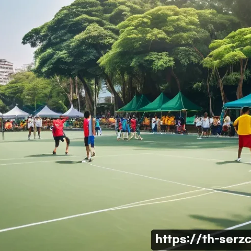 커뮤니티 내 문화 형성을 위한 활동 기획 - A vibrant community sports event in a sunny Bangkok park featuring diverse Thai teenagers and adults...