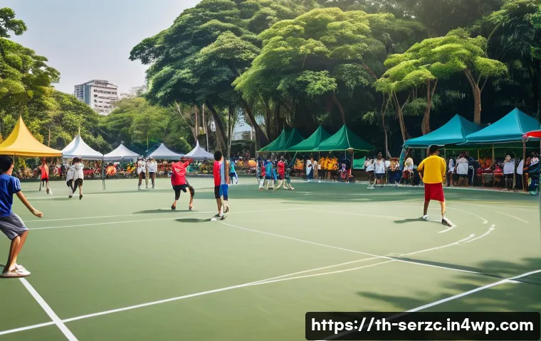 커뮤니티 내 문화 형성을 위한 활동 기획 - A vibrant community sports event in a sunny Bangkok park featuring diverse Thai teenagers and adults...