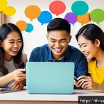 Home 22 커뮤니티 참여를 유도하는 효과적인 방법 - A warm and friendly online community chat scene, showing diverse Thai adults in casual clothing smil...