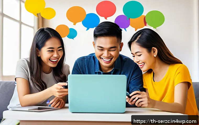 커뮤니티 참여를 유도하는 효과적인 방법 - A warm and friendly online community chat scene, showing diverse Thai adults in casual clothing smil...