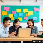 Home 21 커뮤니티 네트워크 확장을 위한 전략 - A warm and friendly online community gathering scene set in a modern Thai digital workspace, showing...