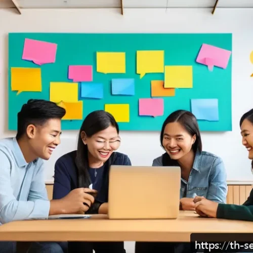 Home 33 커뮤니티 네트워크 확장을 위한 전략 - A warm and friendly online community gathering scene set in a modern Thai digital workspace, showing...