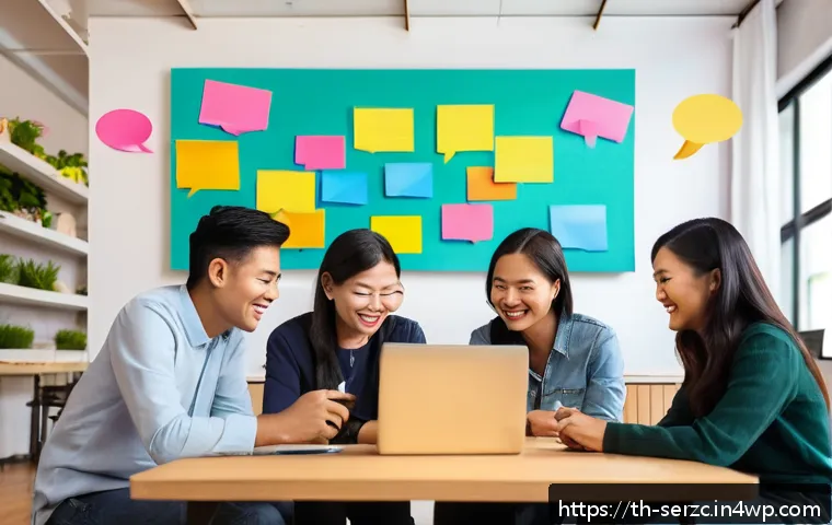 커뮤니티 네트워크 확장을 위한 전략 - A warm and friendly online community gathering scene set in a modern Thai digital workspace, showing...