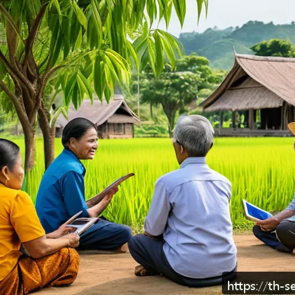 커뮤니티 기반 서비스의 사회적 가치 탐구 - A vibrant rural Thai community meeting outdoors under large shade trees, featuring diverse groups of...