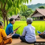 Home 19 커뮤니티 기반 서비스의 사회적 가치 탐구 - A vibrant rural Thai community meeting outdoors under large shade trees, featuring diverse groups of...