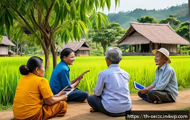 커뮤니티 기반 서비스의 사회적 가치 탐구 - A vibrant rural Thai community meeting outdoors under large shade trees, featuring diverse groups of...