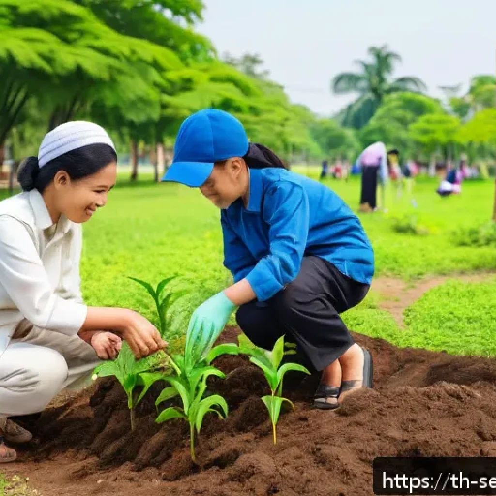 커뮤니티 기반 서비스와 사회적 책임 - A diverse group of community members, including adults and children wearing modest clothing, plantin...