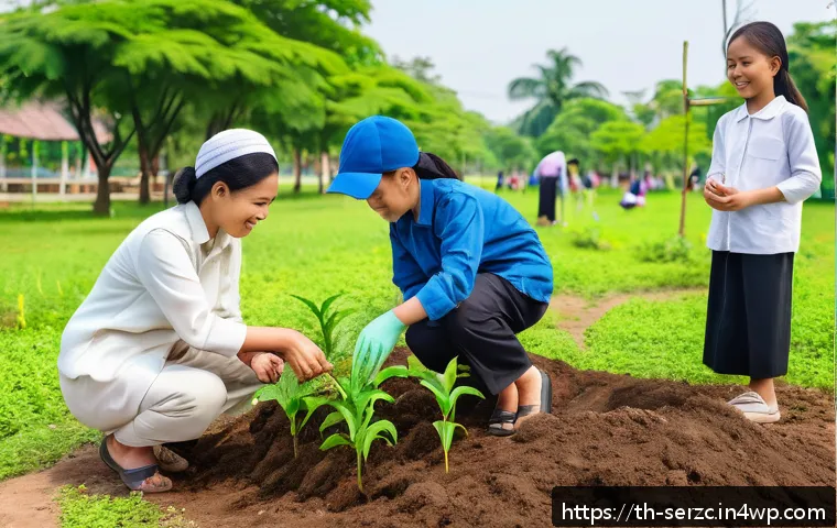 커뮤니티 기반 서비스와 사회적 책임 - A diverse group of community members, including adults and children wearing modest clothing, plantin...