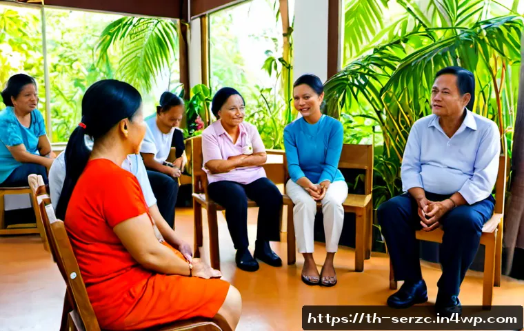 커뮤니티 내 소통을 통한 신뢰 구축하기 - Photorealistic community meeting in a welcoming Thai neighborhood hall, diverse Thai adults and an e...