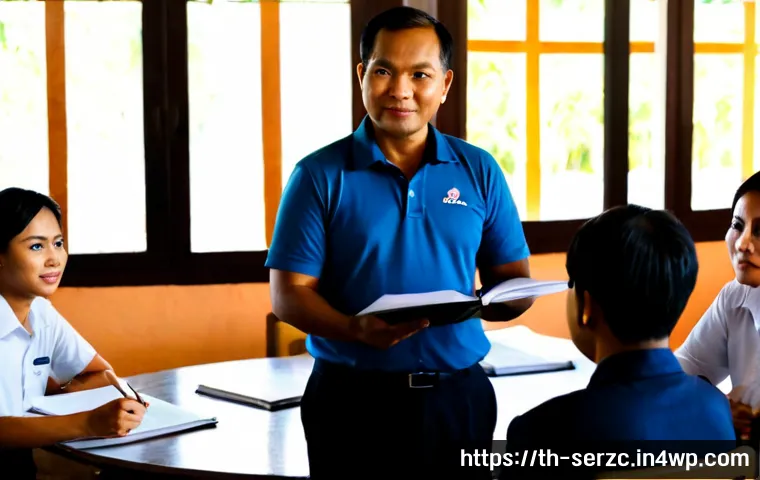 Home 30 커뮤니티 리더십의 중요성과 역할 - Photorealistic community leadership meeting in a bright Thai neighborhood hall, a confident Thai com...